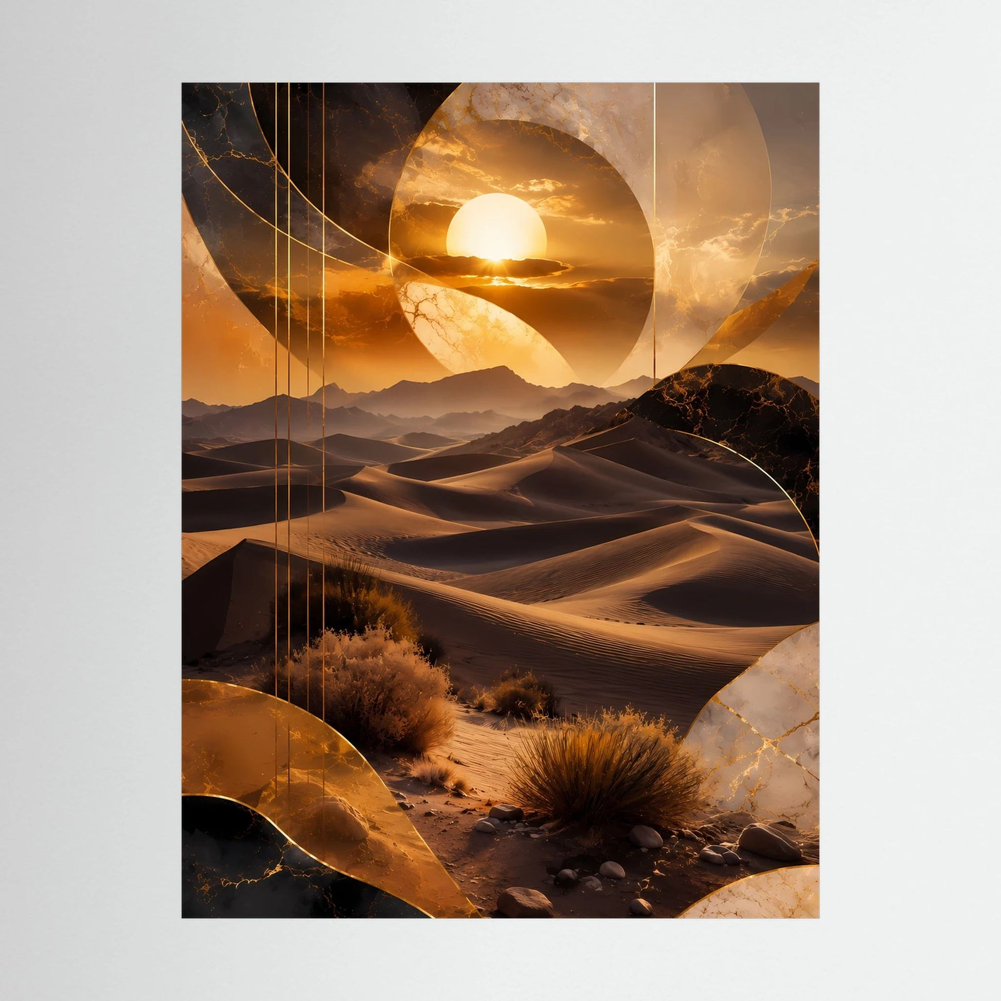 Hochformat-Poster mit goldenem Wüstenmotiv, Sonnenkreis und abstrakten Linien, schwarzer Rahmen