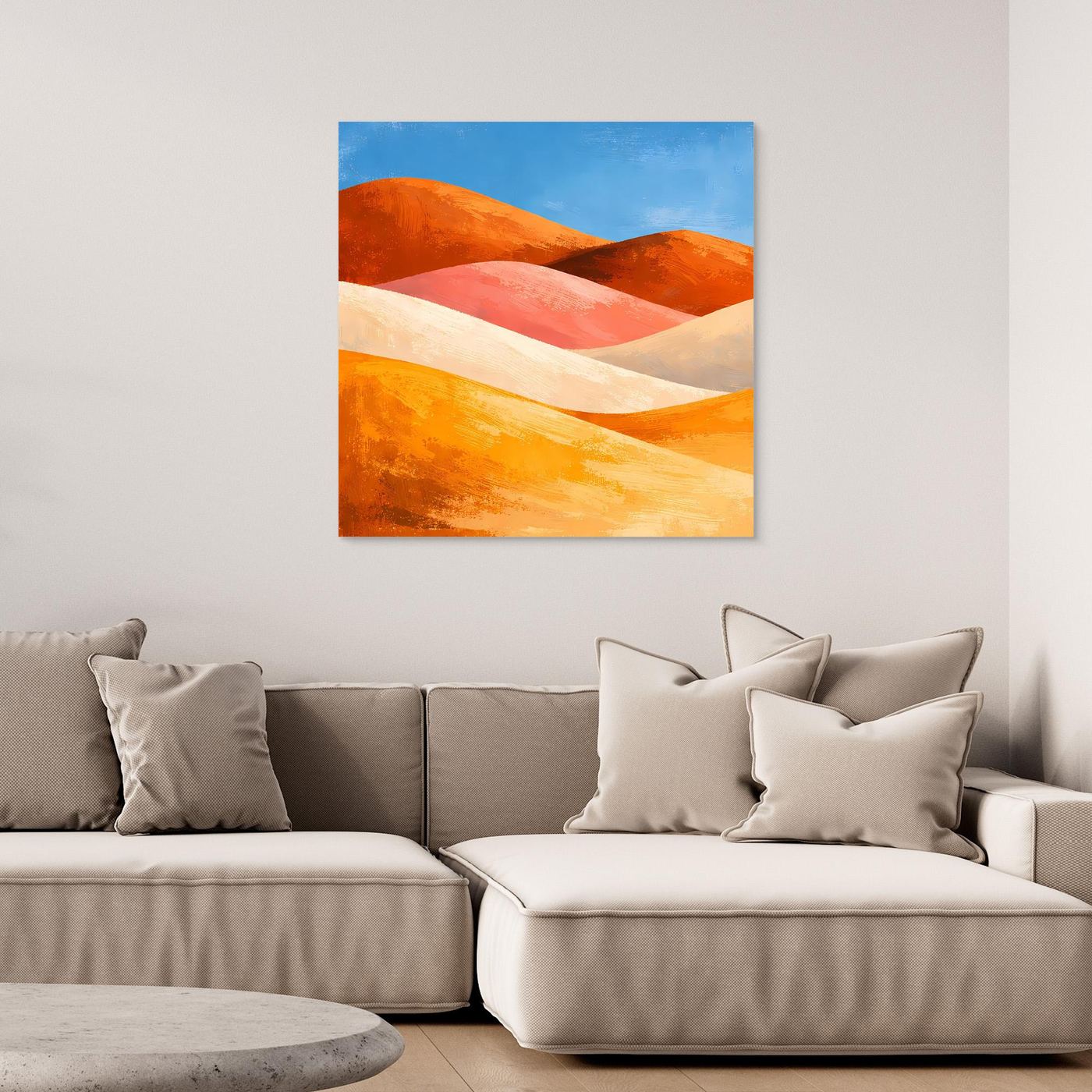 Abstraktes Leinwandbild mit Dünen in Orange, Rot und Beige, ohne klar erkennbaren Rahmen.