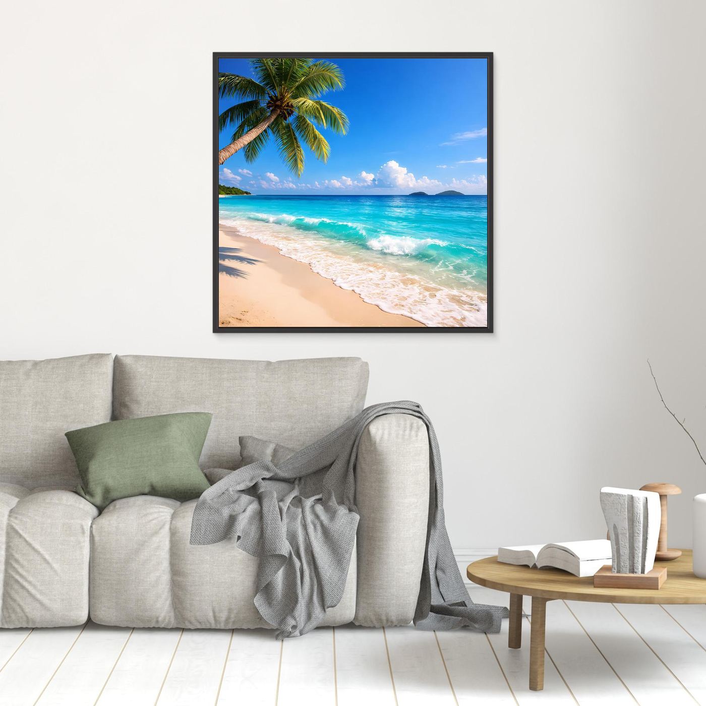 Gerahmtes Leinwandbild mit Tropenstrand und Palme am türkisblauen Meer, schwarzer Rahmen