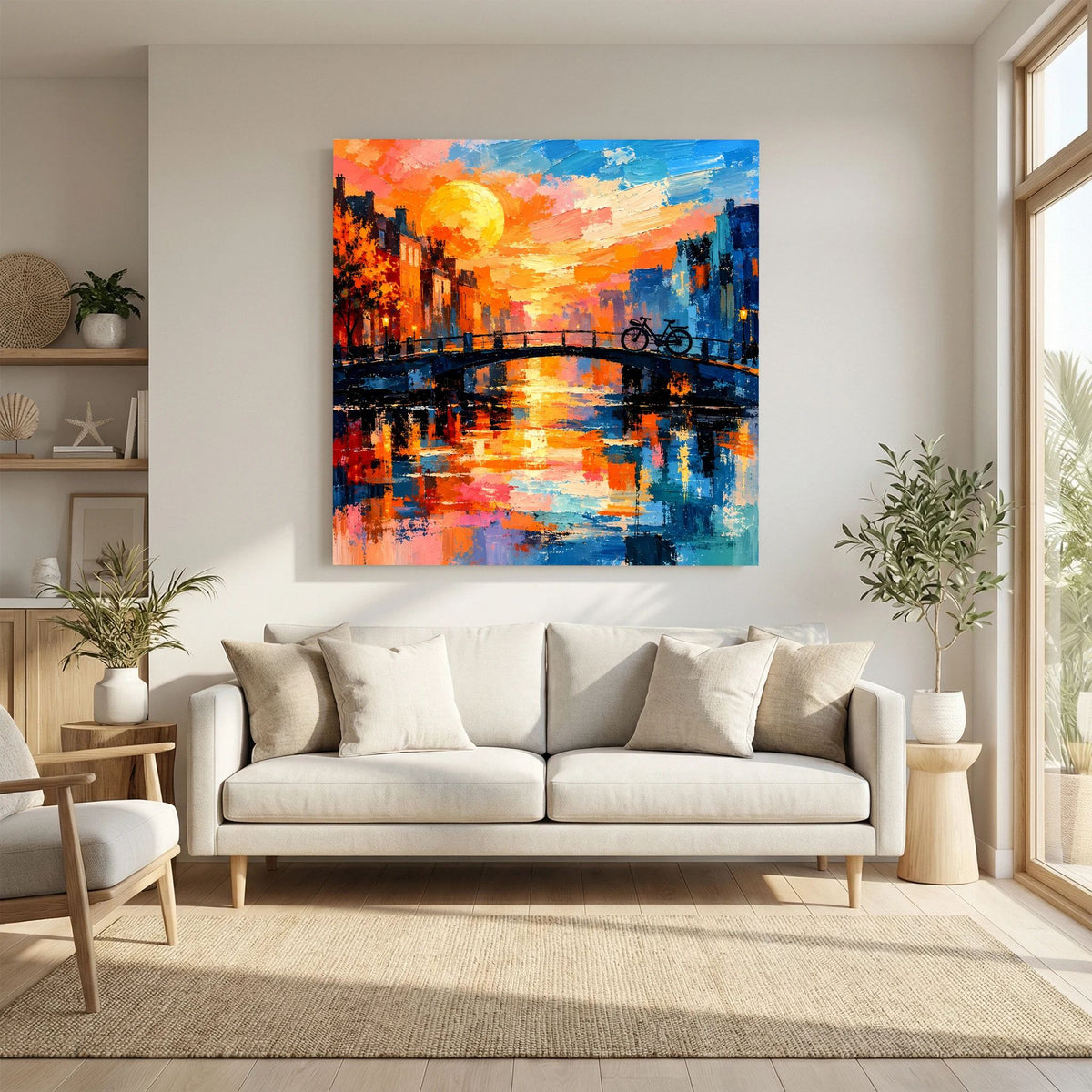 Leinwand Abstraktes Amsterdam Gemälde | Modernes Romantisches Grachten Wandbild mit Fahrrad