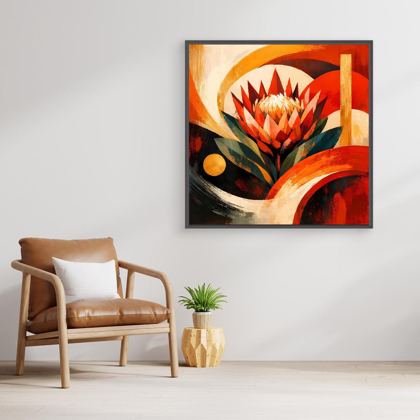 Gerahmtes Leinwandbild mit Protea-Motiv in Rot, Orange und Gold auf dunklem Hintergrund