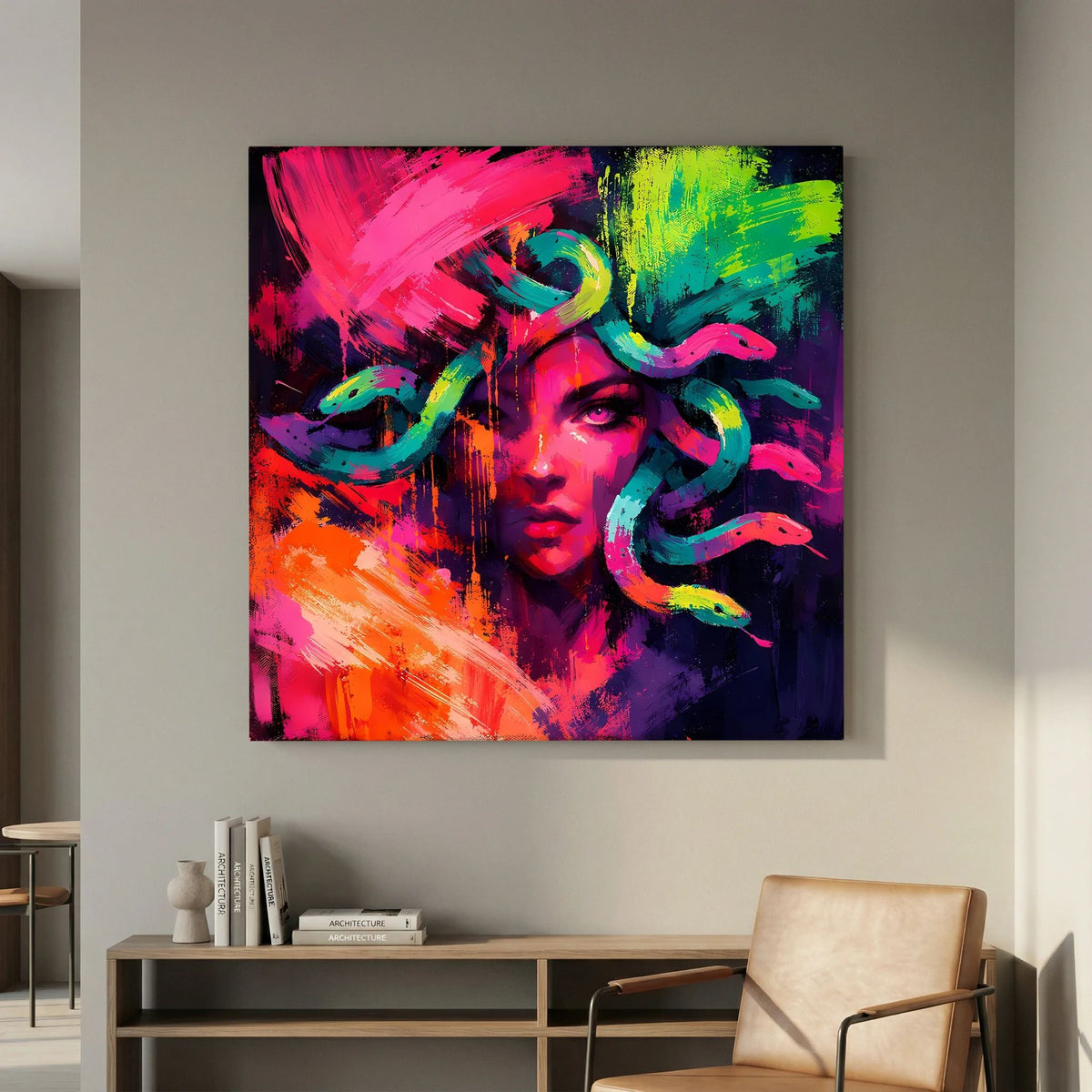 Neonfarbiges abstraktes Medusa-Leinwandbild mit Frauengesicht und dekorativen Schlangenköpfen