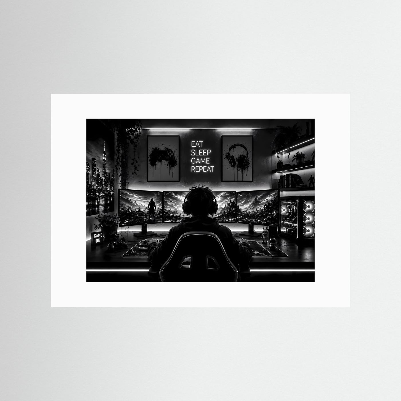 Gaming Poster Schwarz Weiß | Gamer Setup Wandbild | Gaming Room Deko | PC Gaming Kunst | Monochromer Fine Art Print