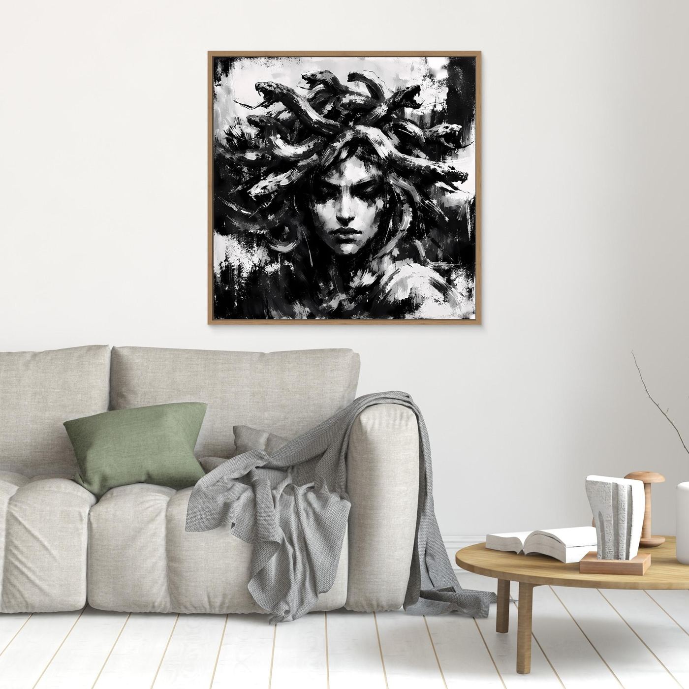 Oak-framed black-and-white abstract Medusa wall art with brush-stroke face
