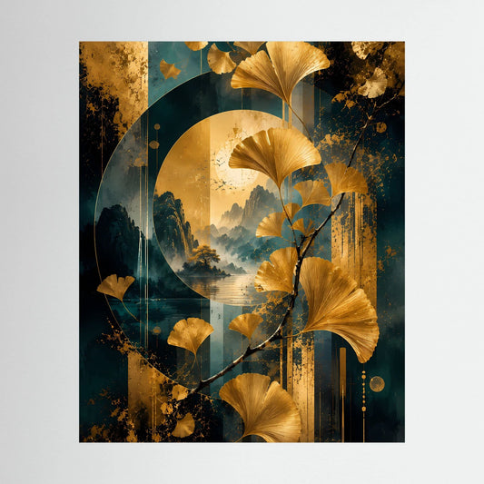 Hochformatiges Ginkgo-Poster mit goldenen Blättern und petrolblauem Landschaftsmotiv