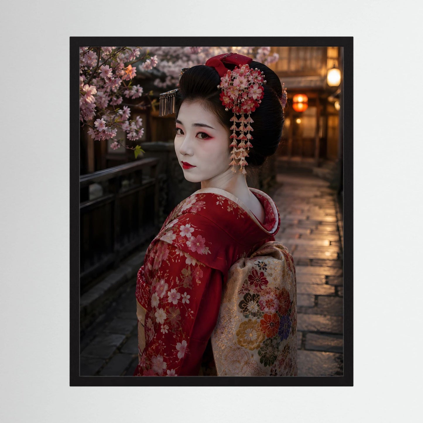 Gerahmtes Hochformat-Poster mit Geisha im roten Kimono, seitlicher Blick