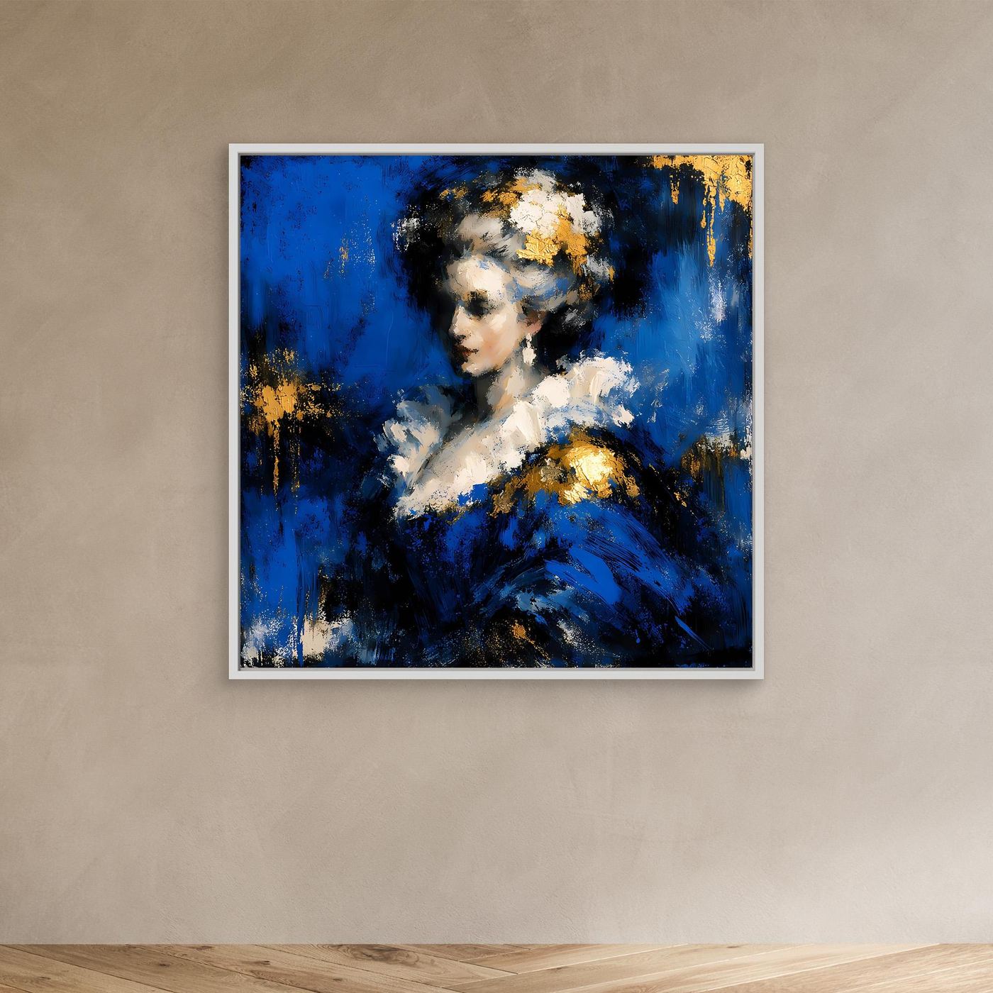 Leinwand Elegante Barock-Dame in Blau und Gold | Abstraktes Porträt Wandbild