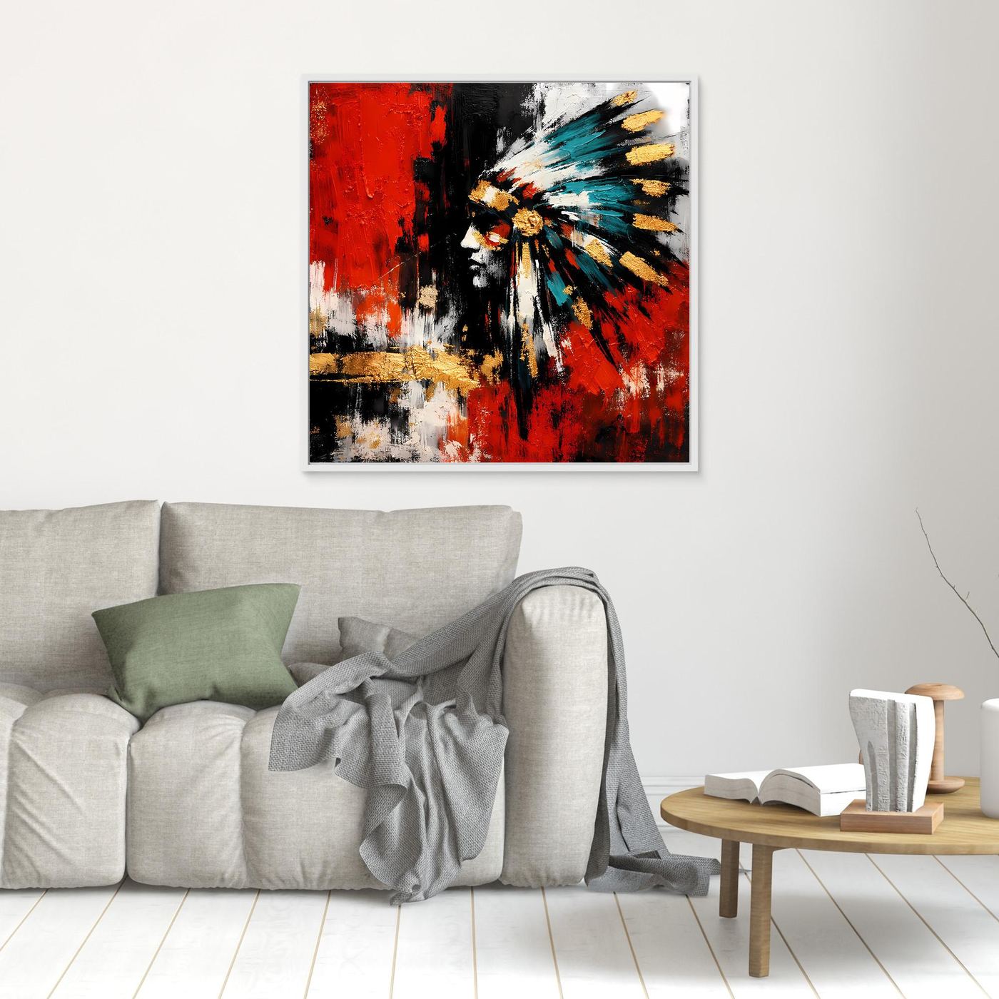 Leinwand-Wandbild mit abstraktem Porträt, rote Flächen und Türkis-Highlights, brauner Rahmen