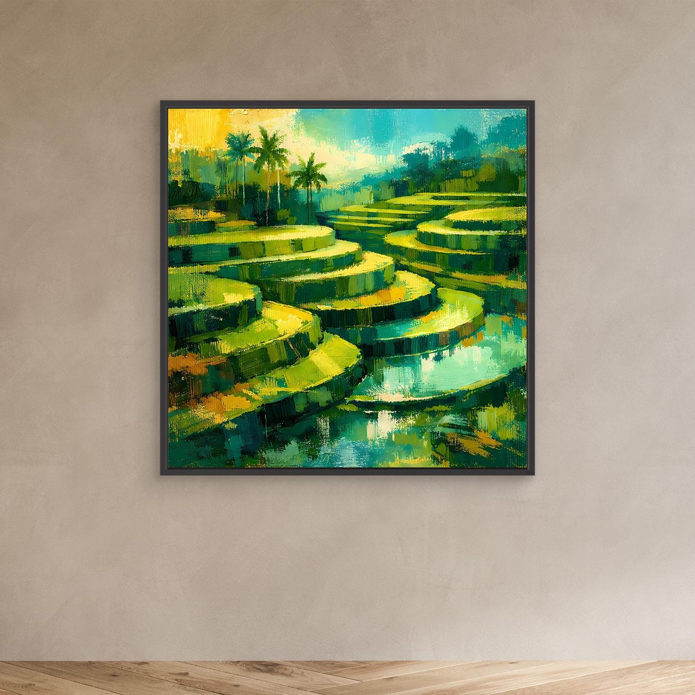 Leinwandbild mit grünen Reisterrassen und Wasserkanälen, Palmenmotiv im schwarzen Rahmen