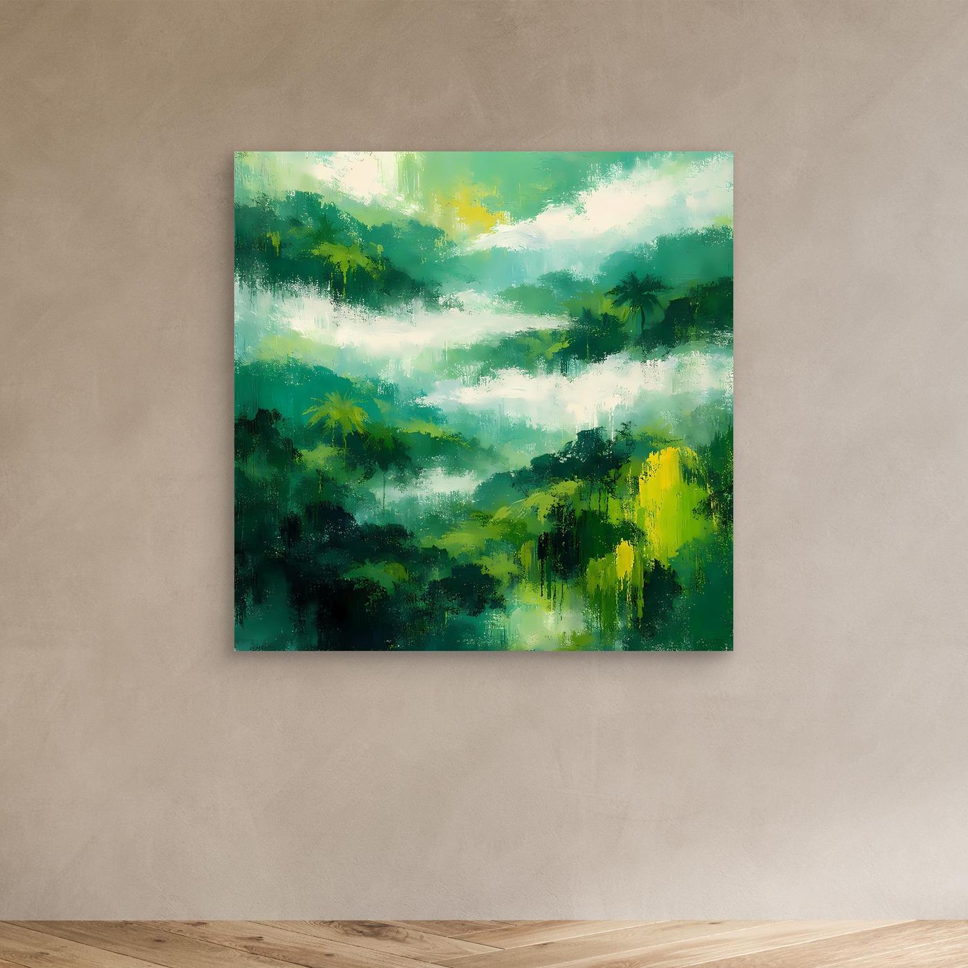 Abstraktes Regenwald-Wandbild auf Leinwand, grün und gelb, Nebel im Dschungel