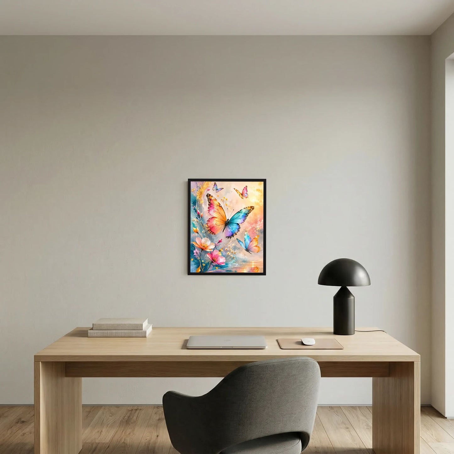 Wandposter im schwarzen Rahmen: bunte Schmetterlinge und Blumen in Pastell mit Goldakzenten