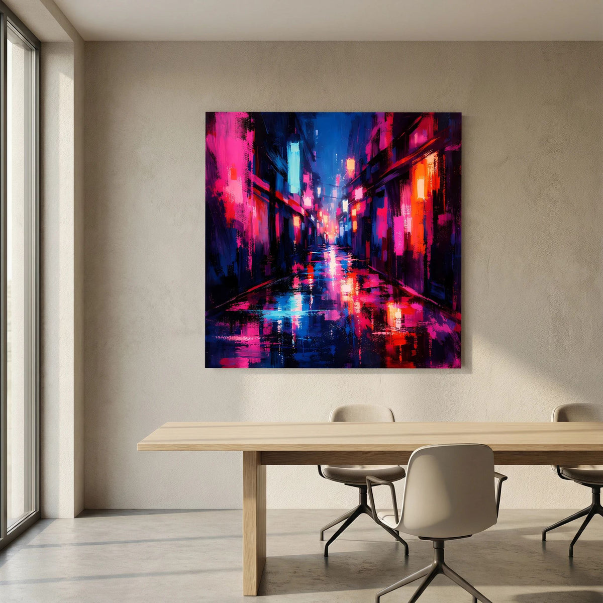 Neon-Wandbild über Esstisch: regennasse Gasse im Cyberpunk-Stil mit leuchtenden Pink-Blau-Akzenten