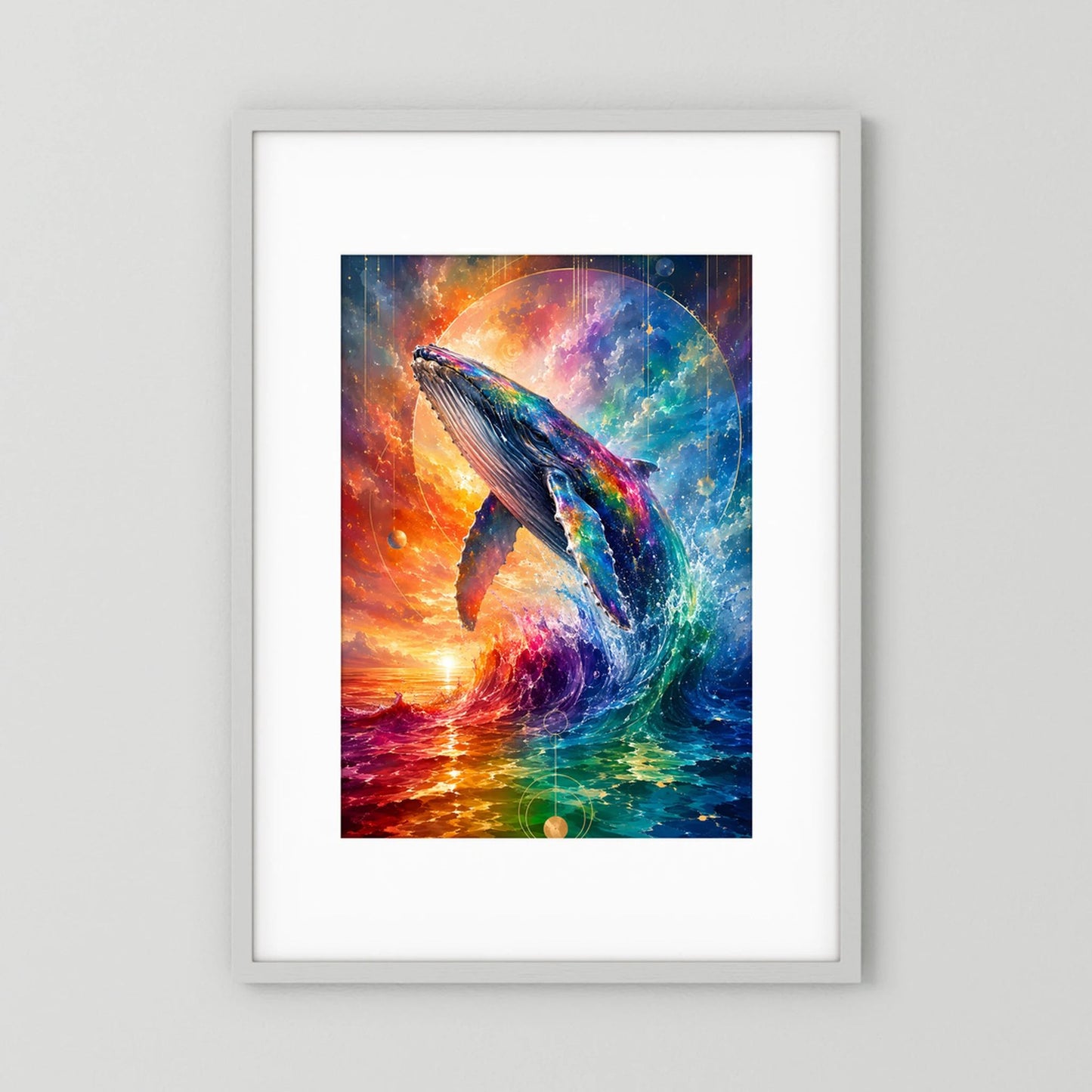 Gerahmtes Poster mit weißem Rand: abstrakter Regenbogen-Wal im Ozeanmotiv mit Planet