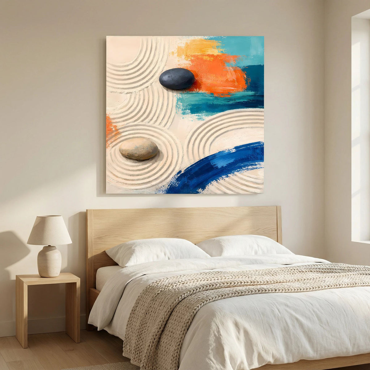 Abstraktes Leinwandbild mit Sandlinien, schwarzem Stein und blauem Bogen aus Farbstreifen