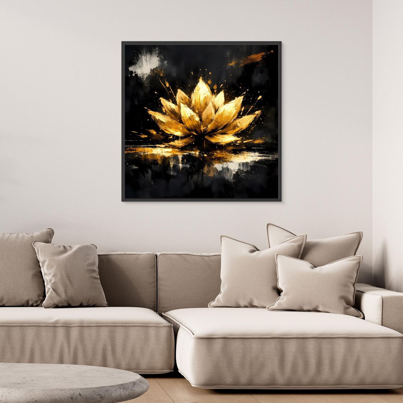 Leinwand Goldene Lotusblüte Abstrakt | Modernes Lotus Wandbild Schwarz Gold