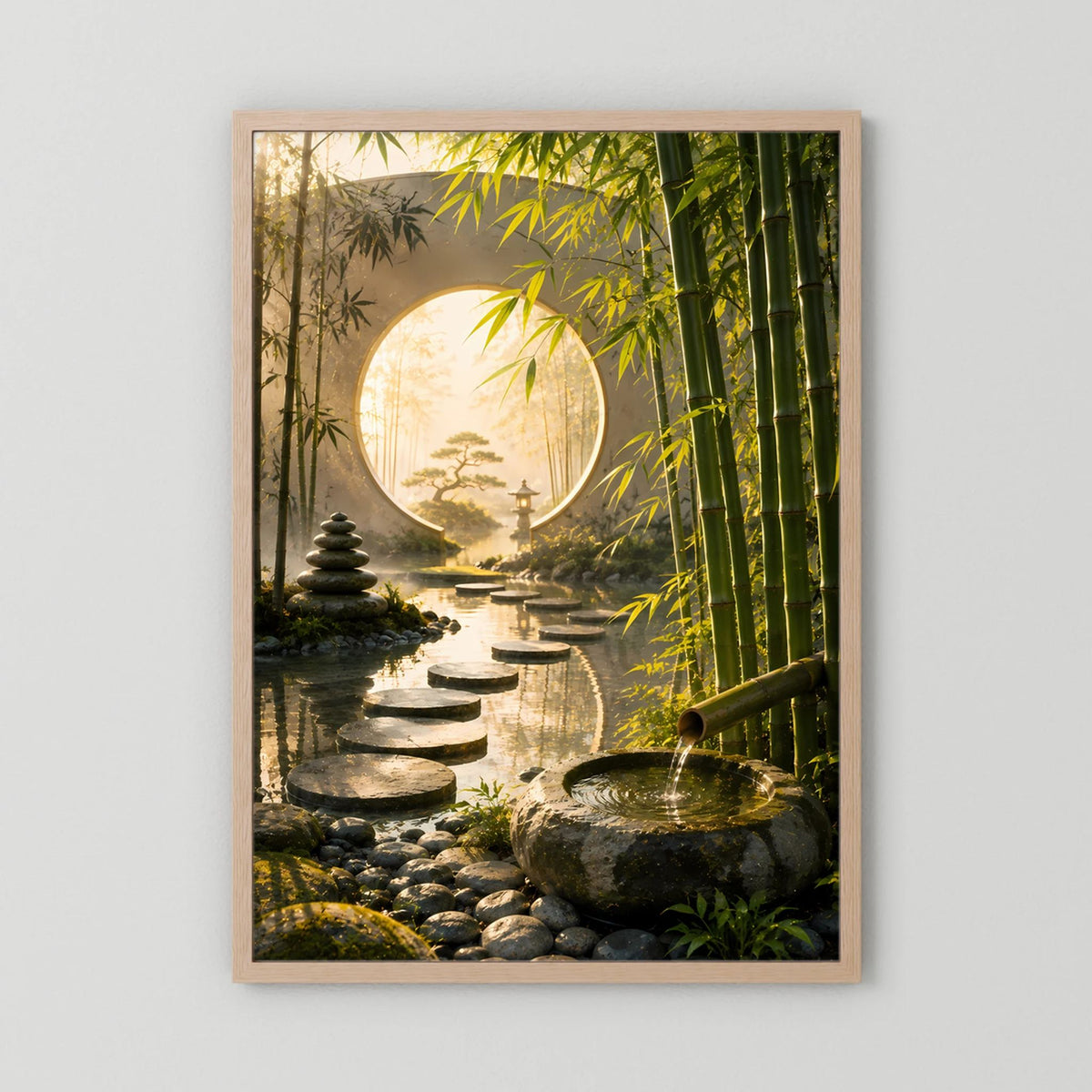 Hochformat-Poster Zen-Garten: Bambus, Trittsteine im Wasser, rundes Mondtor, Holzrahmen