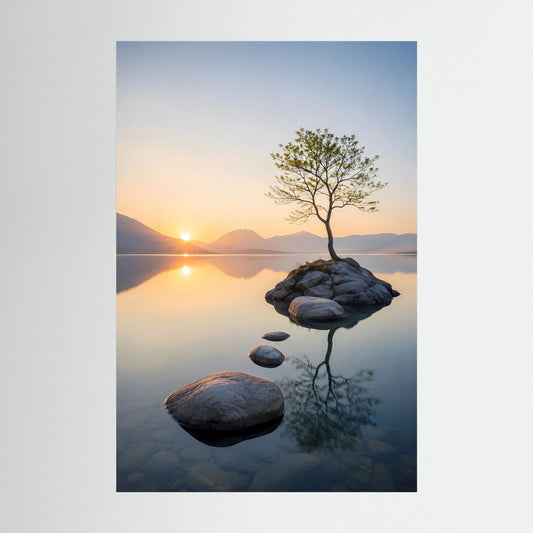 Baum im Bergsee bei Sonnenuntergang | Ruhige Natur mit Spiegelung | Poster Hochformat