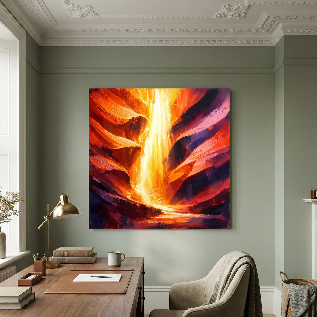 Abstraktes Leinwand-Wandbild mit leuchtendem gelb-orangem Lichtstrahl und dunklen Farbflächen