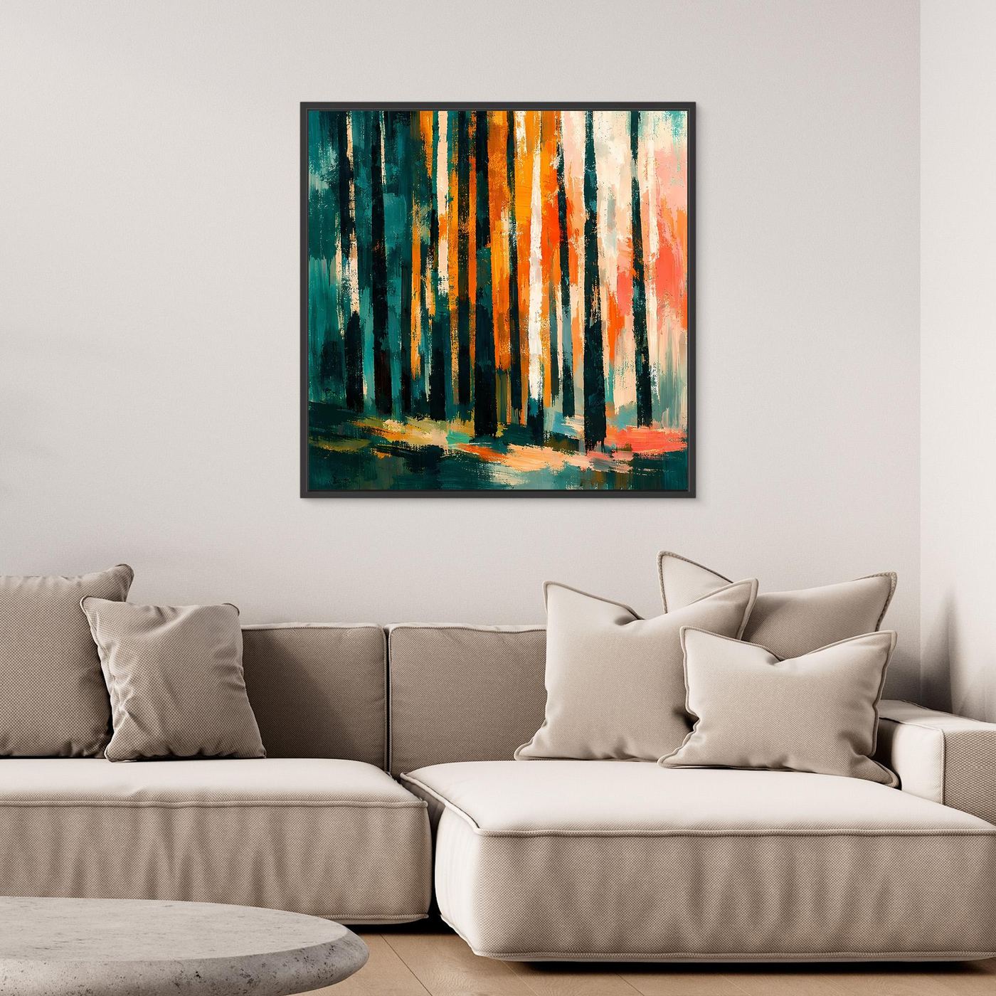 Leinwand-Wandbild mit abstraktem Birkenwald im Herbst, schwarzer Rahmen