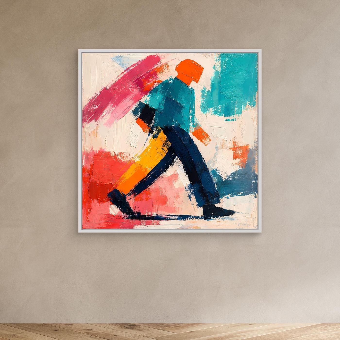 Abstract pop art wall painting with light frame and colorful strolling figure in red, teal