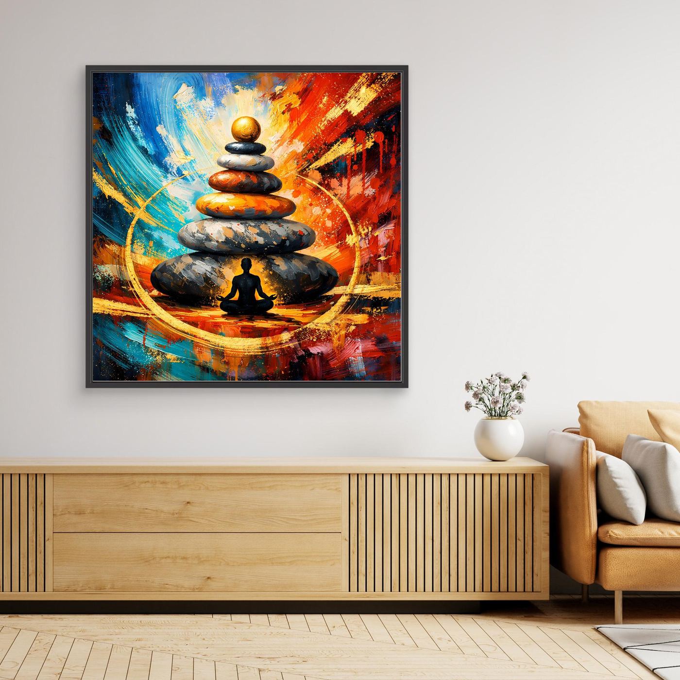 Leinwandbild: abstrakte Zen-Szene mit Steinturm und sitzender Silhouette, bunte Farbflächen