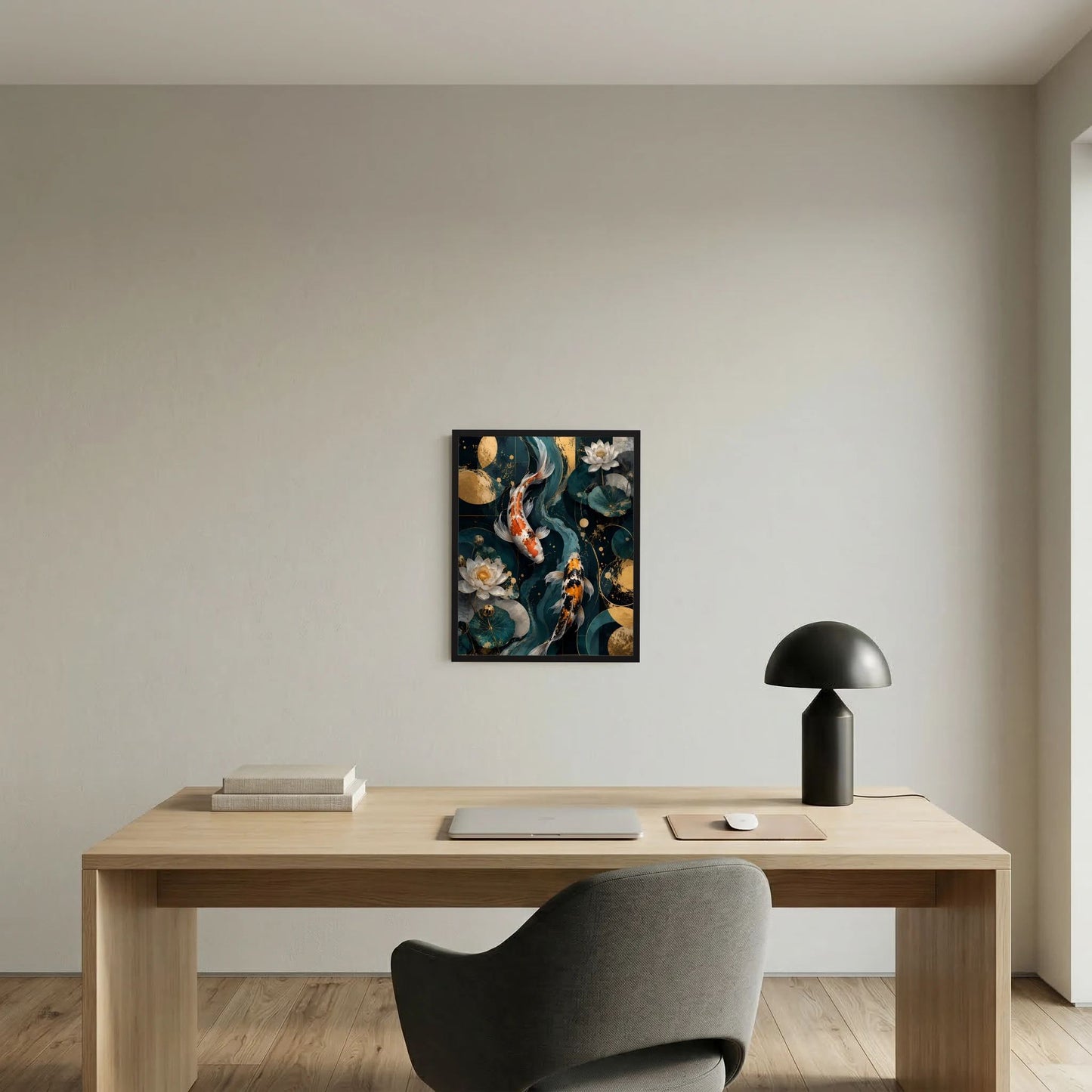 Schwarz gerahmtes Poster mit Koi-Fischen und Lotusblüten in Petrol und Gold, Hochformat