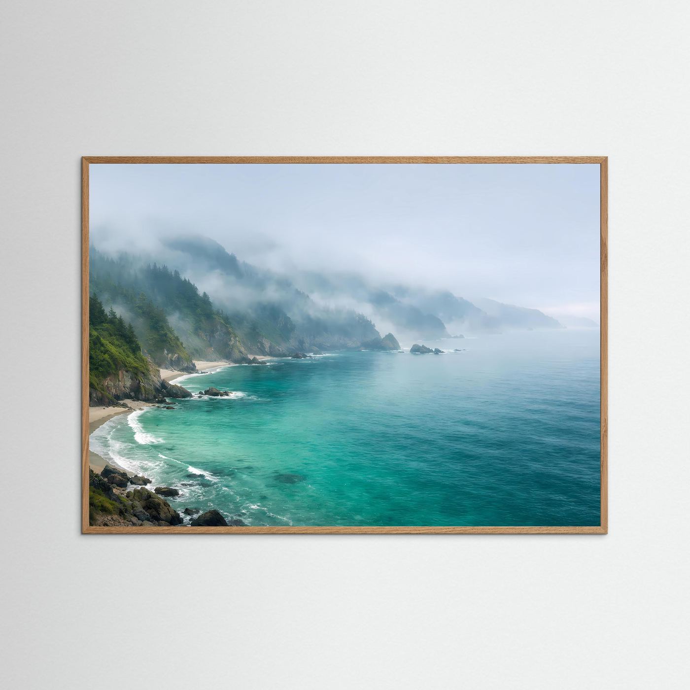 Naturposter mit türkisem Meer und Klippenküste, naturfarbener Holzrahmen