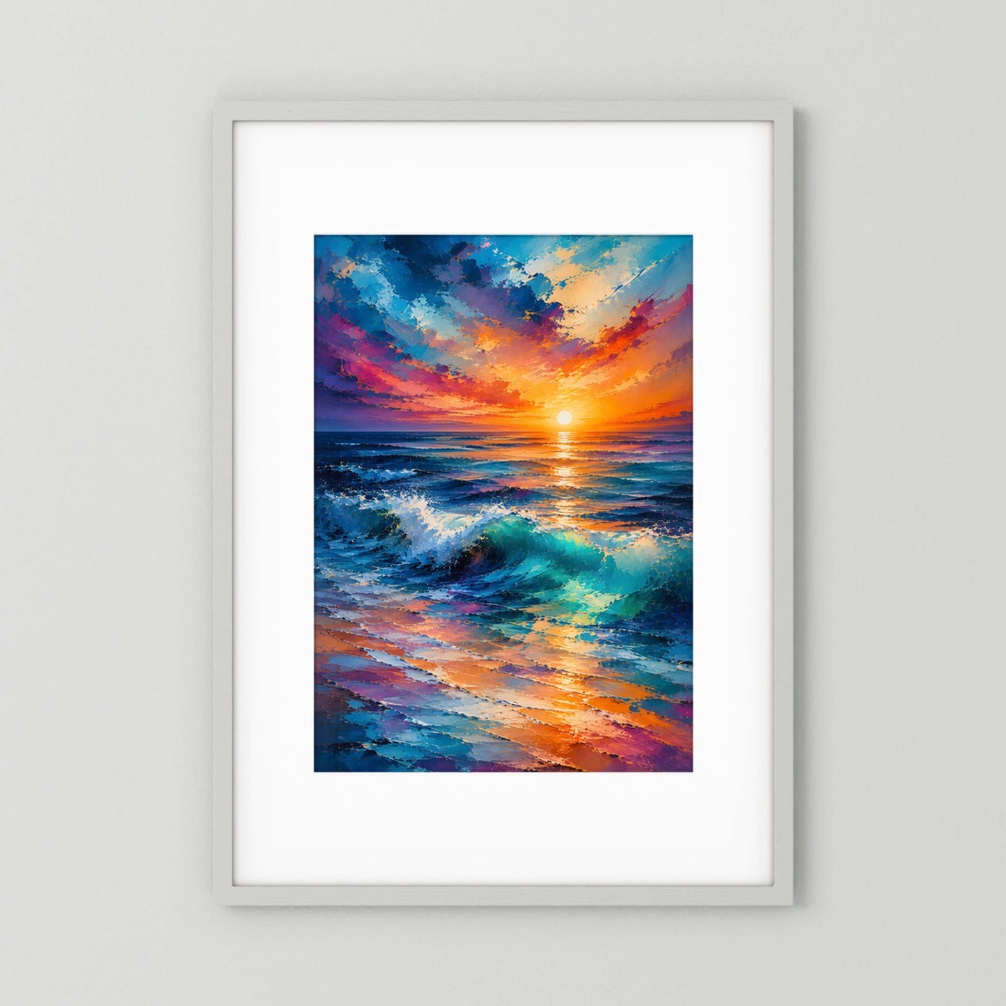 Hochformat-Poster Sonnenuntergang über Meer mit farbigen blau/orange Wellen, weißer Rahmen