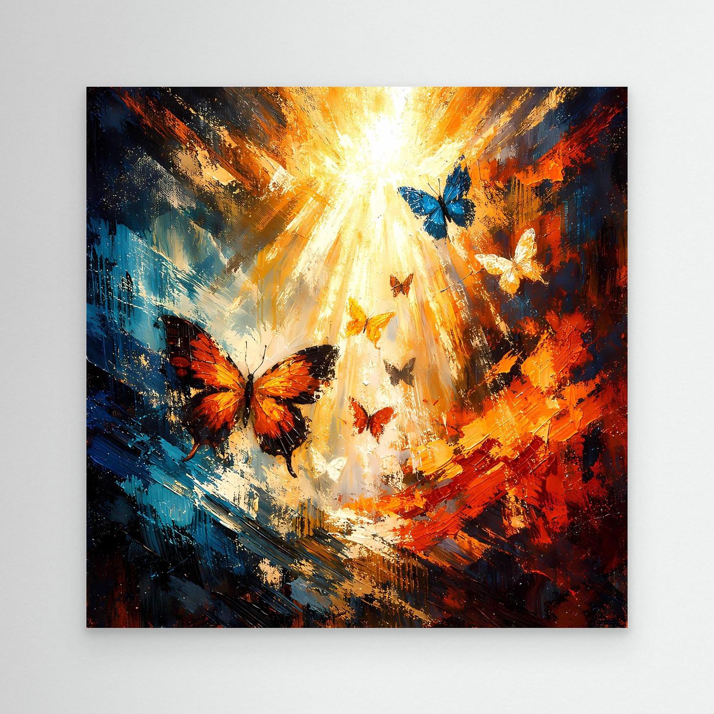 Leinwandbild ohne Rahmen, abstrakte Schmetterlinge mit warmem Lichtstrahl im Hintergrund