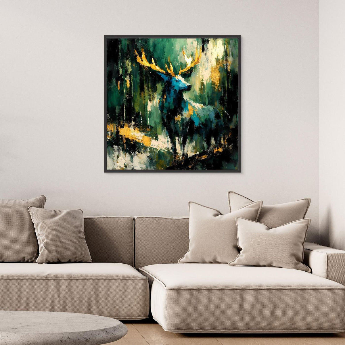 Leinwandbild mit abstraktem Hirsch in Grün, Blau und Gold, schwarz gerahmt