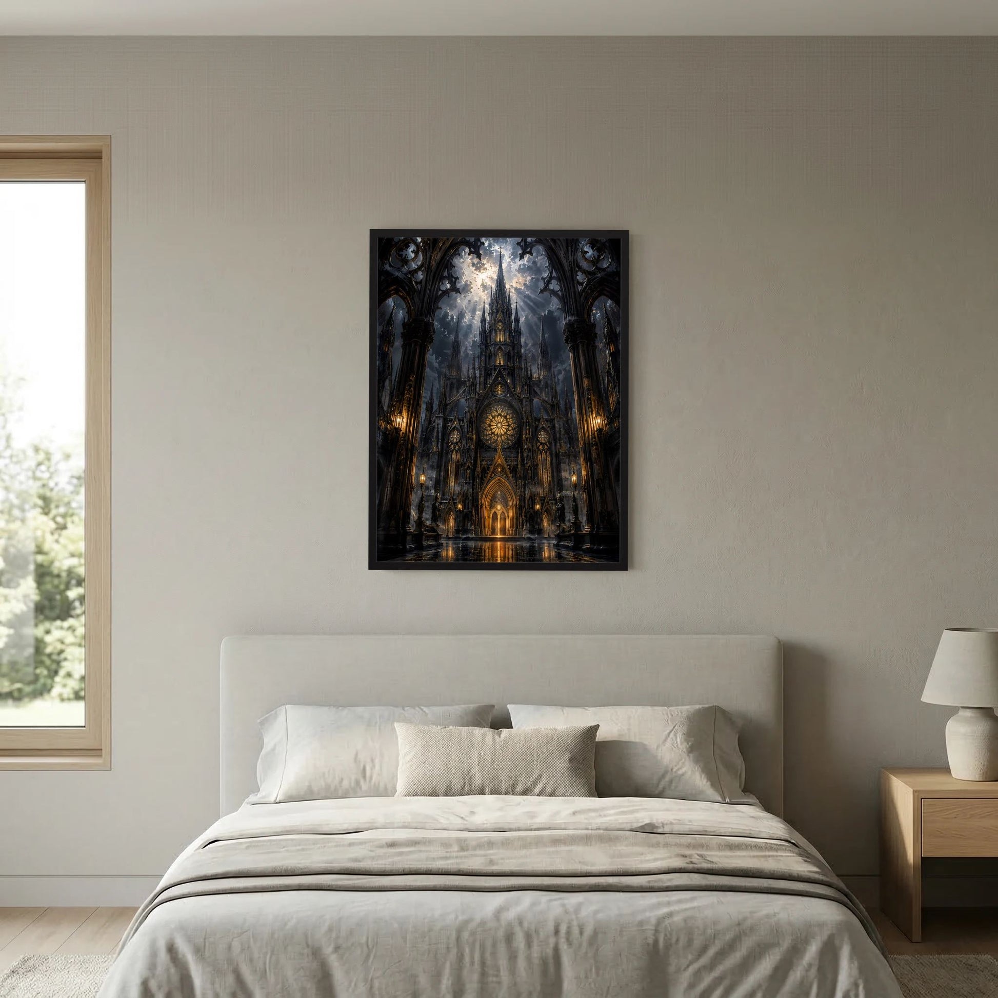 Hochformat-Poster mit gotischer Kathedrale in Schwarz und Gold, schwarzer Rahmen