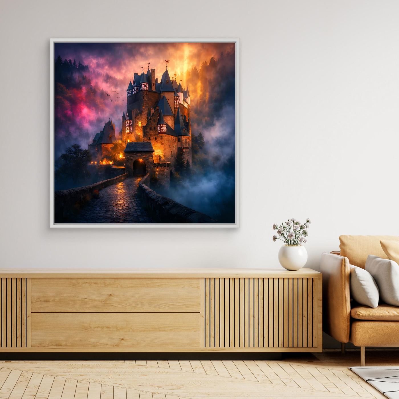 Leinwand Mystische Ritterburg im Nebel | Abstraktes Märchenschloss Wandbild