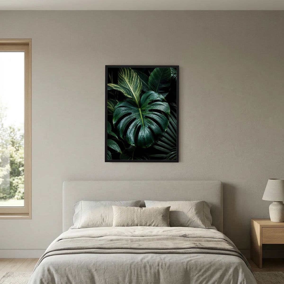 Poster mit Monstera-Blättern in dunkelgrün, schwarzer Rahmen.