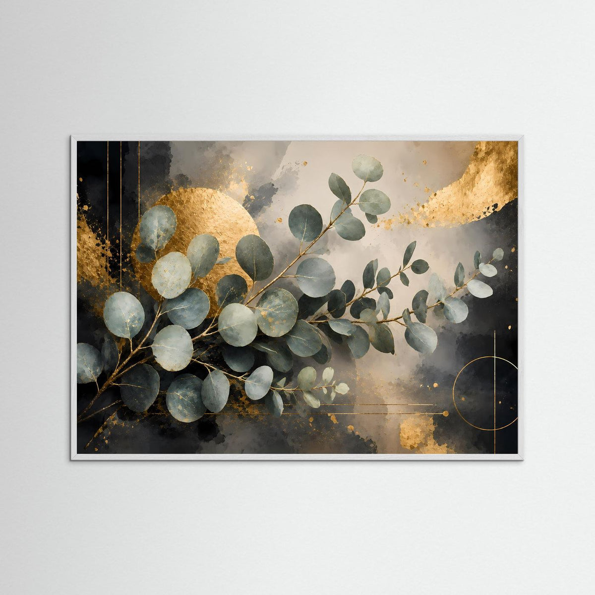Eukalyptus-Botanikposter im Querformat, schwarz-gold, mit weißem Holzrahmen