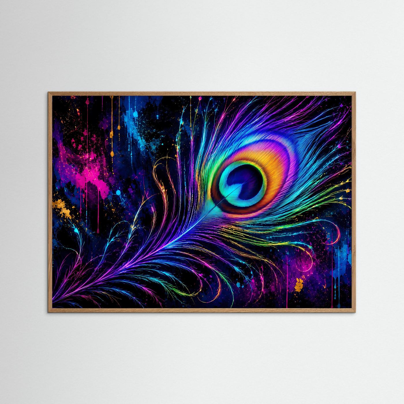 Neon Pfauenfeder in leuchtenden Farben | Abstrakte Regenbogen Kunst – Modernes Poster Querformat