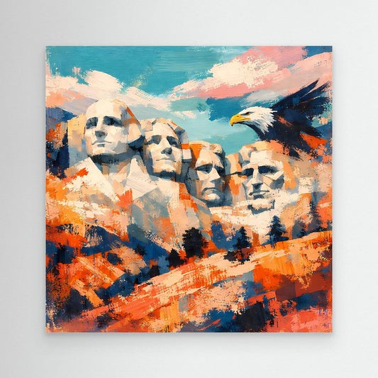 Abstraktes Leinwand-Wandbild ohne Rahmen mit Adler und stilisierten Berggesichtern in Blau, Orange