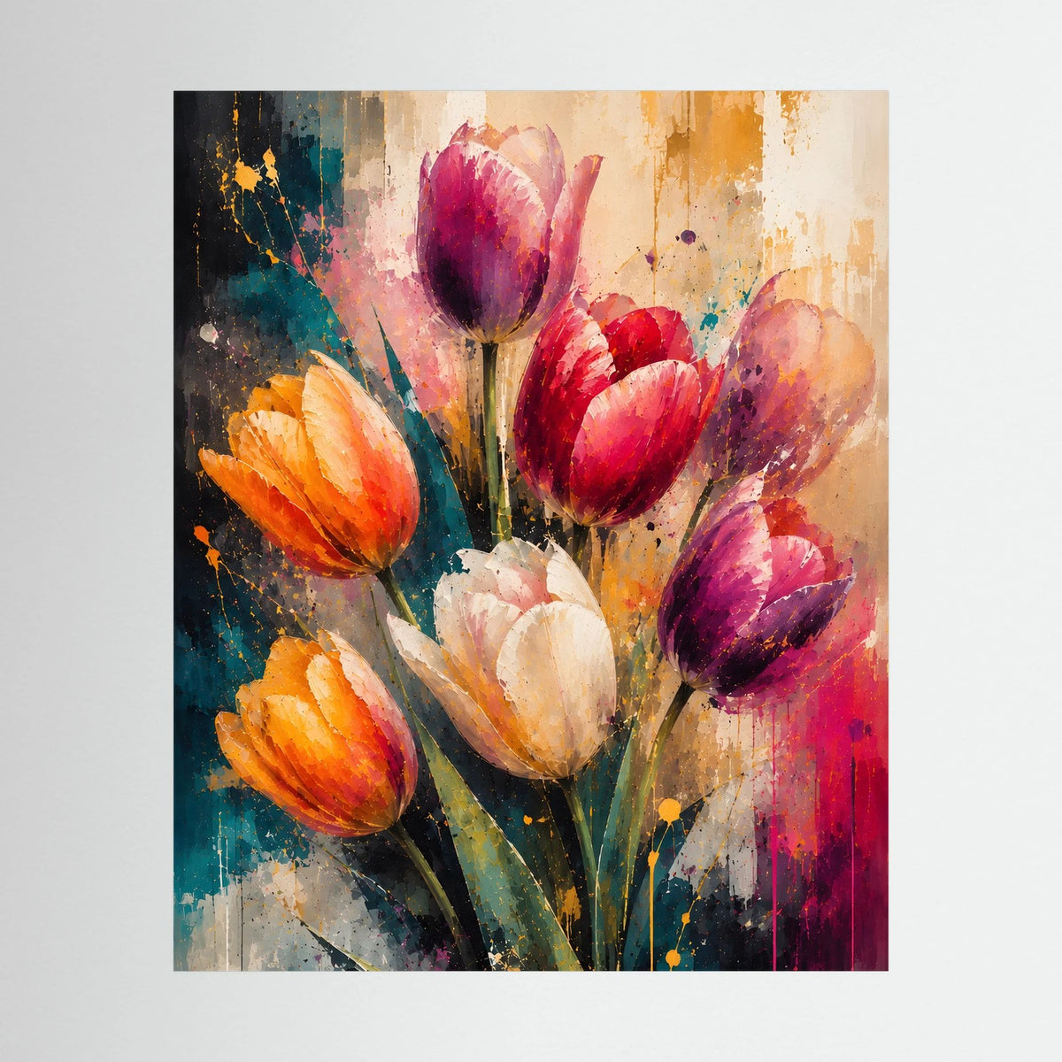 Abstraktes Tulpen-Kunstposter mit violetten, pinken und orangefarbenen Blüten, Hochformat