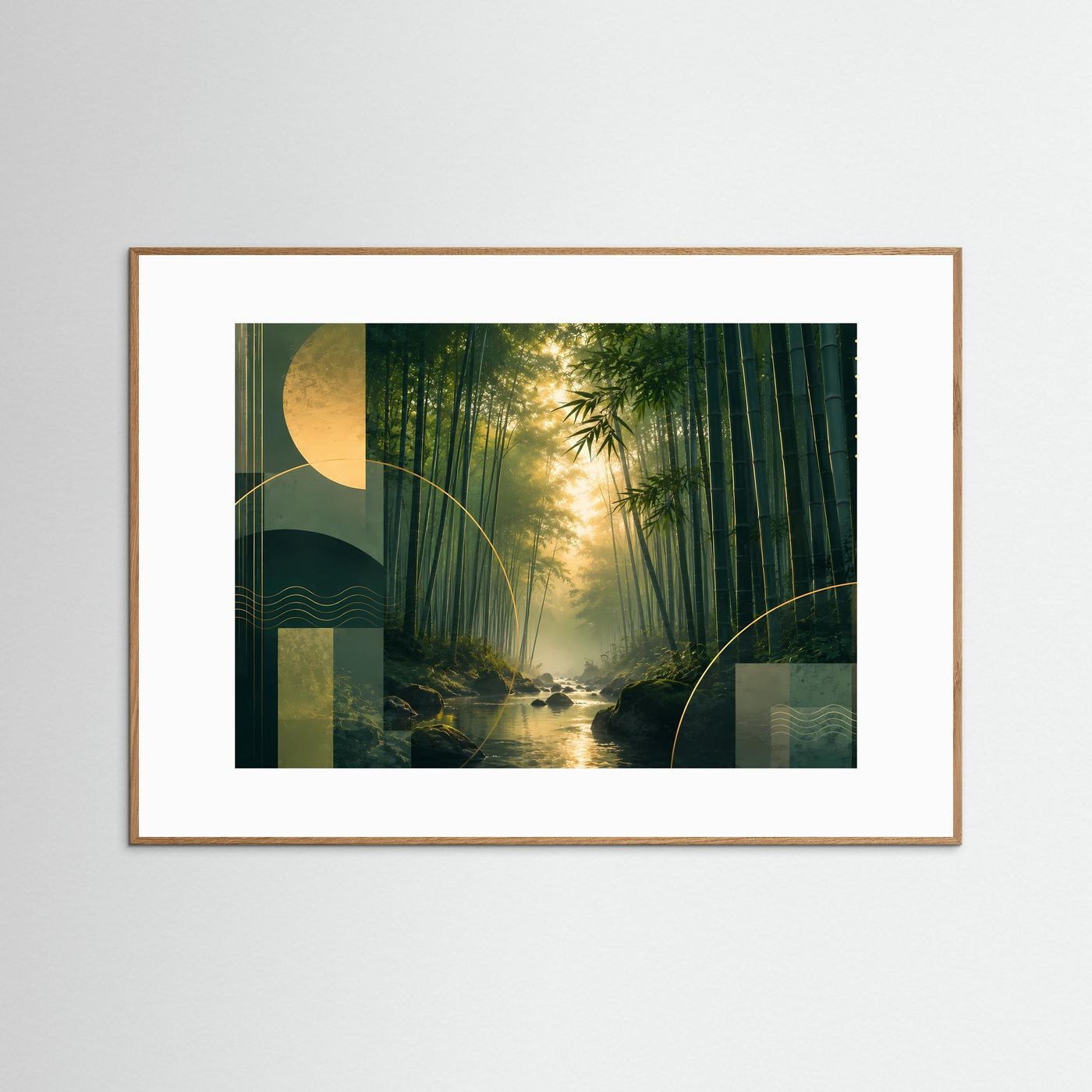 Bambuswald Poster Querformat | Japanische Natur Landschaft in Grün & Gold | Asiatisches Zen Wandbild