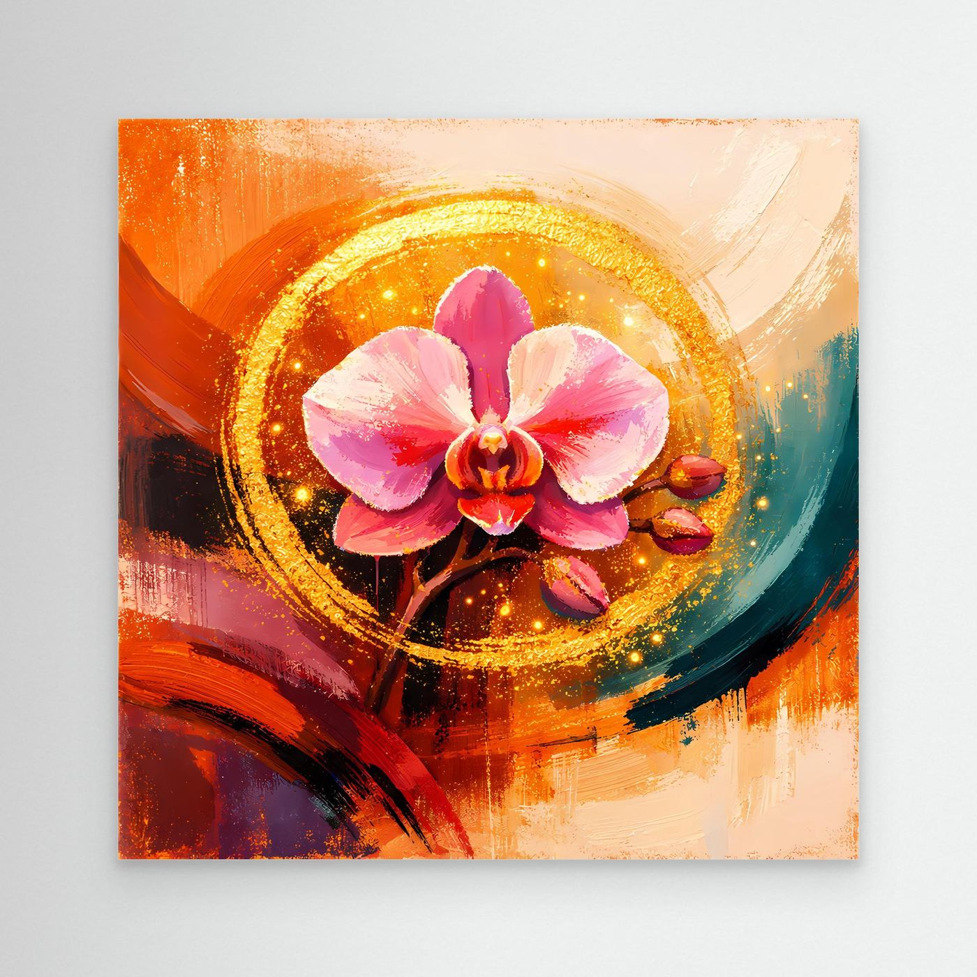 Florales Leinwandbild mit goldener Orchidee im Kreis, ohne Rahmen