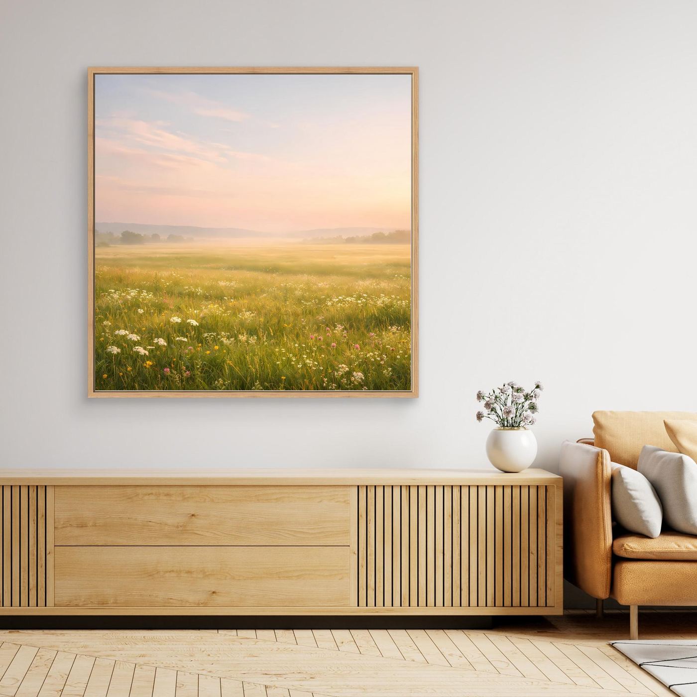 Leinwandbild neblige Blumenwiese mit hellem Holzrahmen