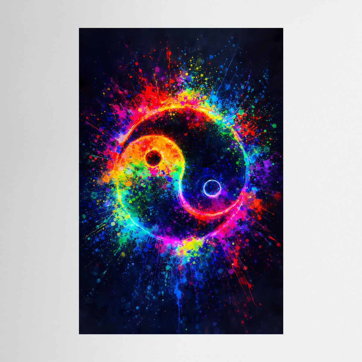 Yin-Yang-Hochformatposter mit leuchtendem Regenbogen-Motiv und farbigen Spritzern