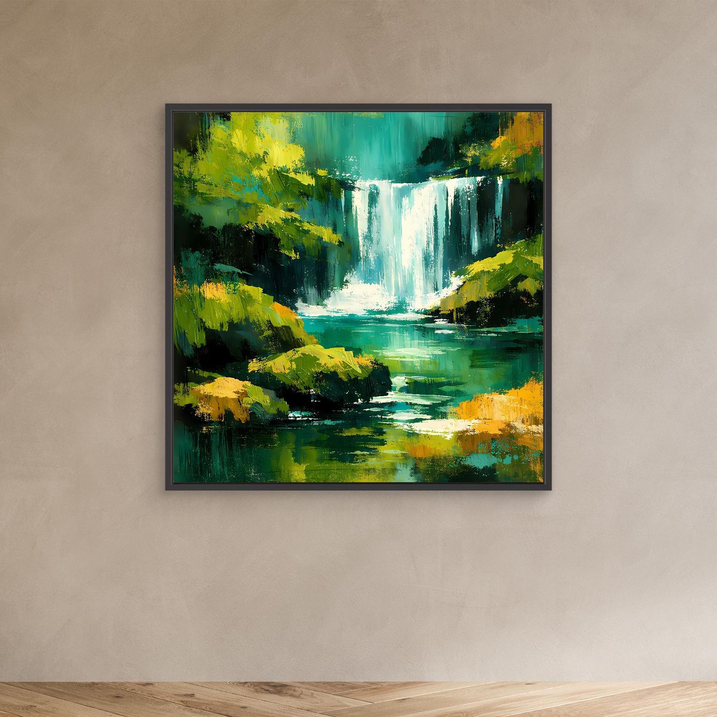 Abstraktes Wandbild mit Dschungel-Wasserfall in Grün, Gelb und Türkis, schwarzer Rahmen