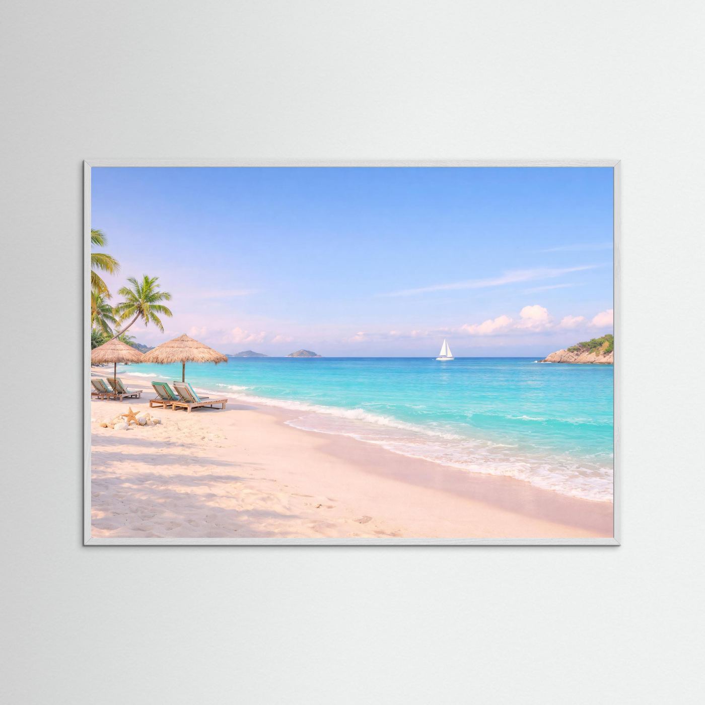 Strand-Panorama-Poster, weiß gerahmt, Palmen, türkisfarbenes Meer und Segelboot