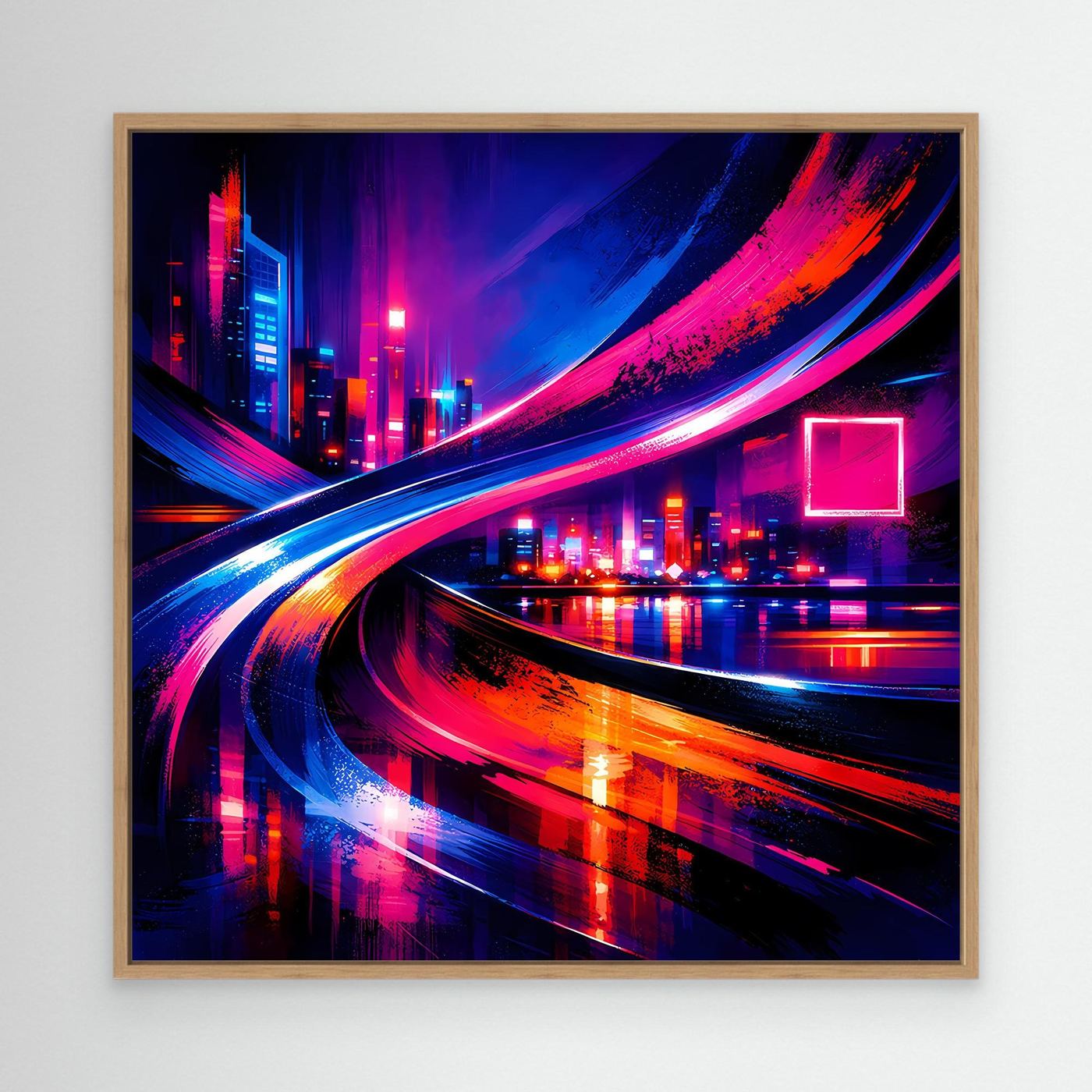 Leinwandbild mit hellem Holzrahmen, Cyberpunk-Neon-Skyline und farbigen Lichtspuren