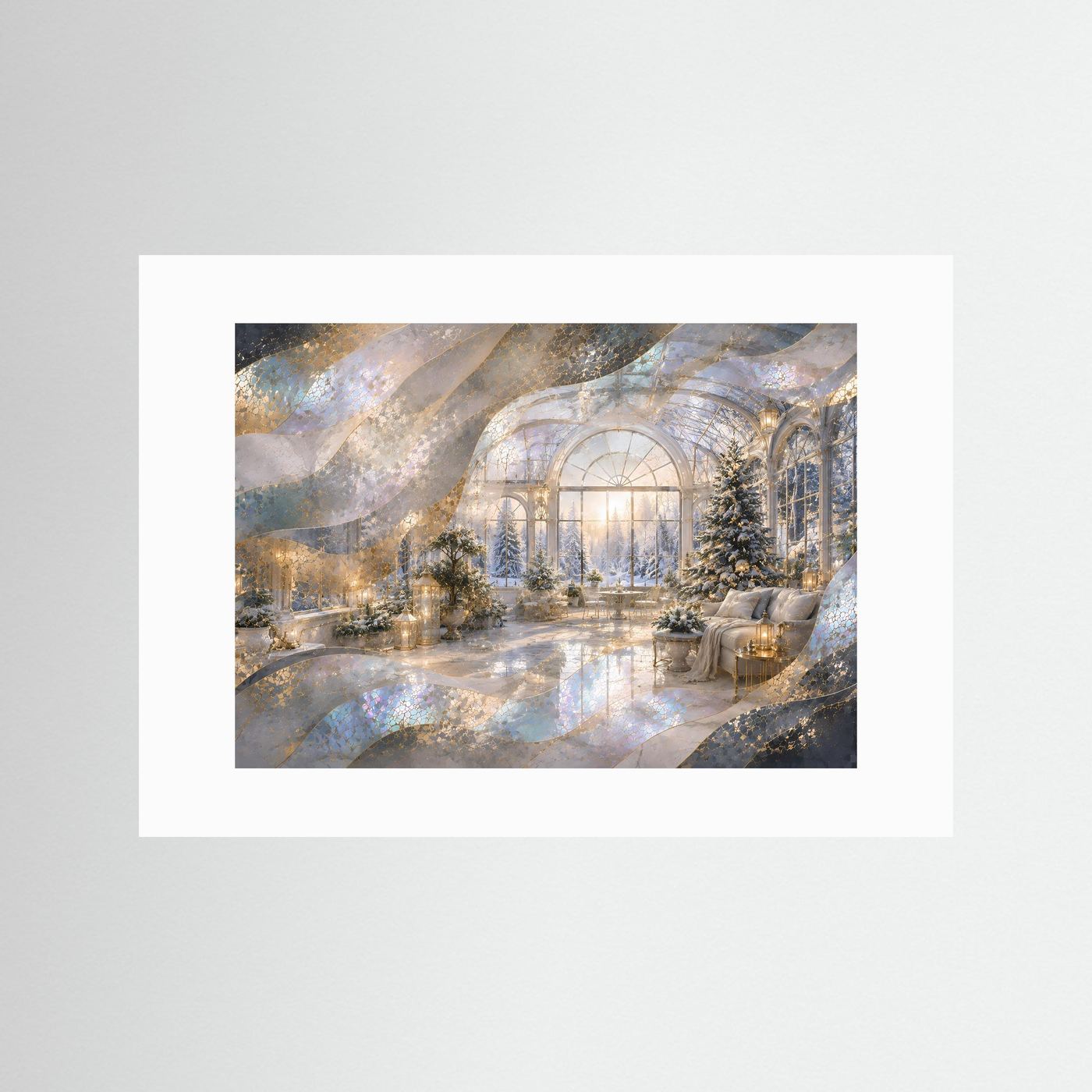 Wintergarten Poster Querformat | Verschneiter Wintergarten mit Weihnachtsbaum & Gold