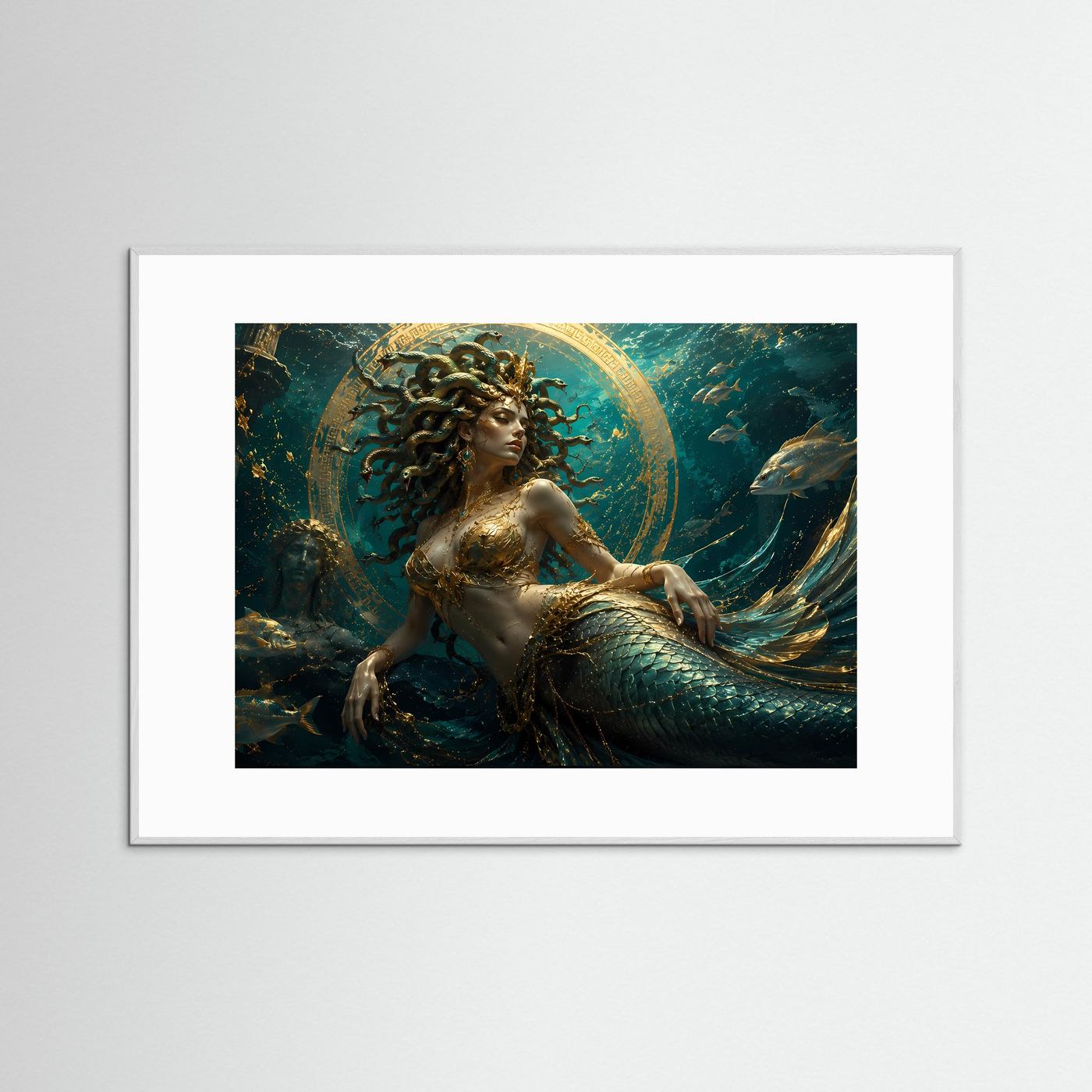 Medusa Unterwasser Poster Querformat | Mythologische Wandkunst in Gold & Türkis | Luxuriöses Fantasy Wandbild