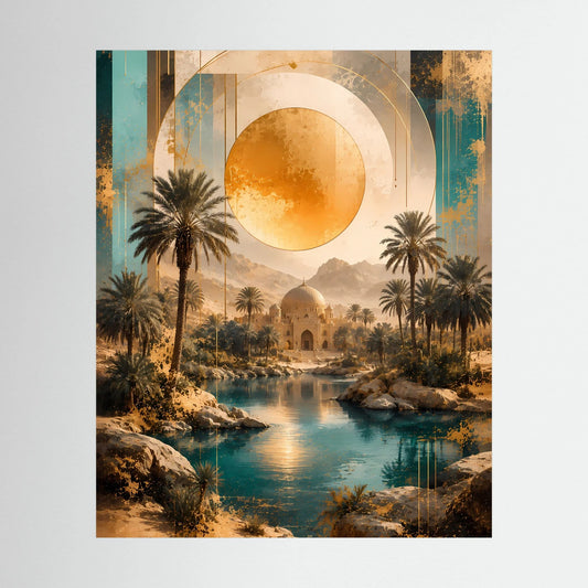 Hochformat-Poster (Druck) mit goldener Sonne, Palmen, Wüstenlandschaft und türkisfarbenem Wasser