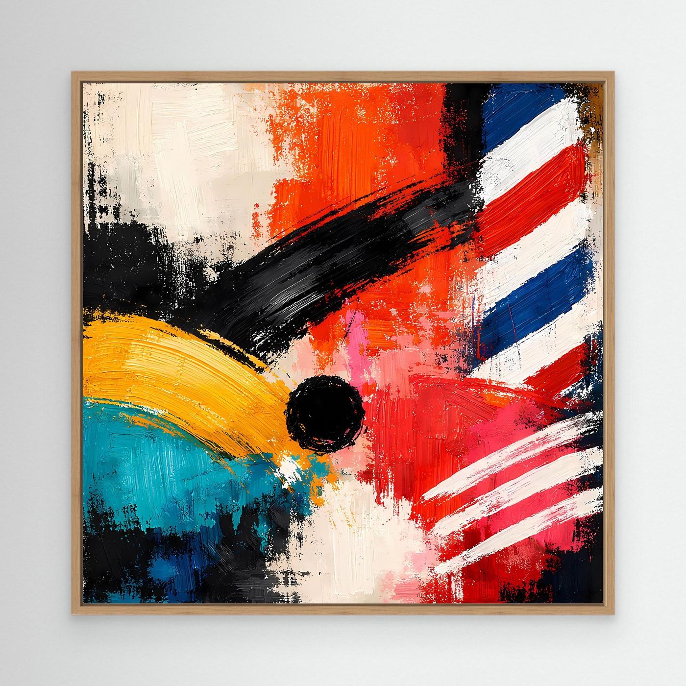 Abstract canvas wall art with oak frame: red, blue, white stripes, black circle