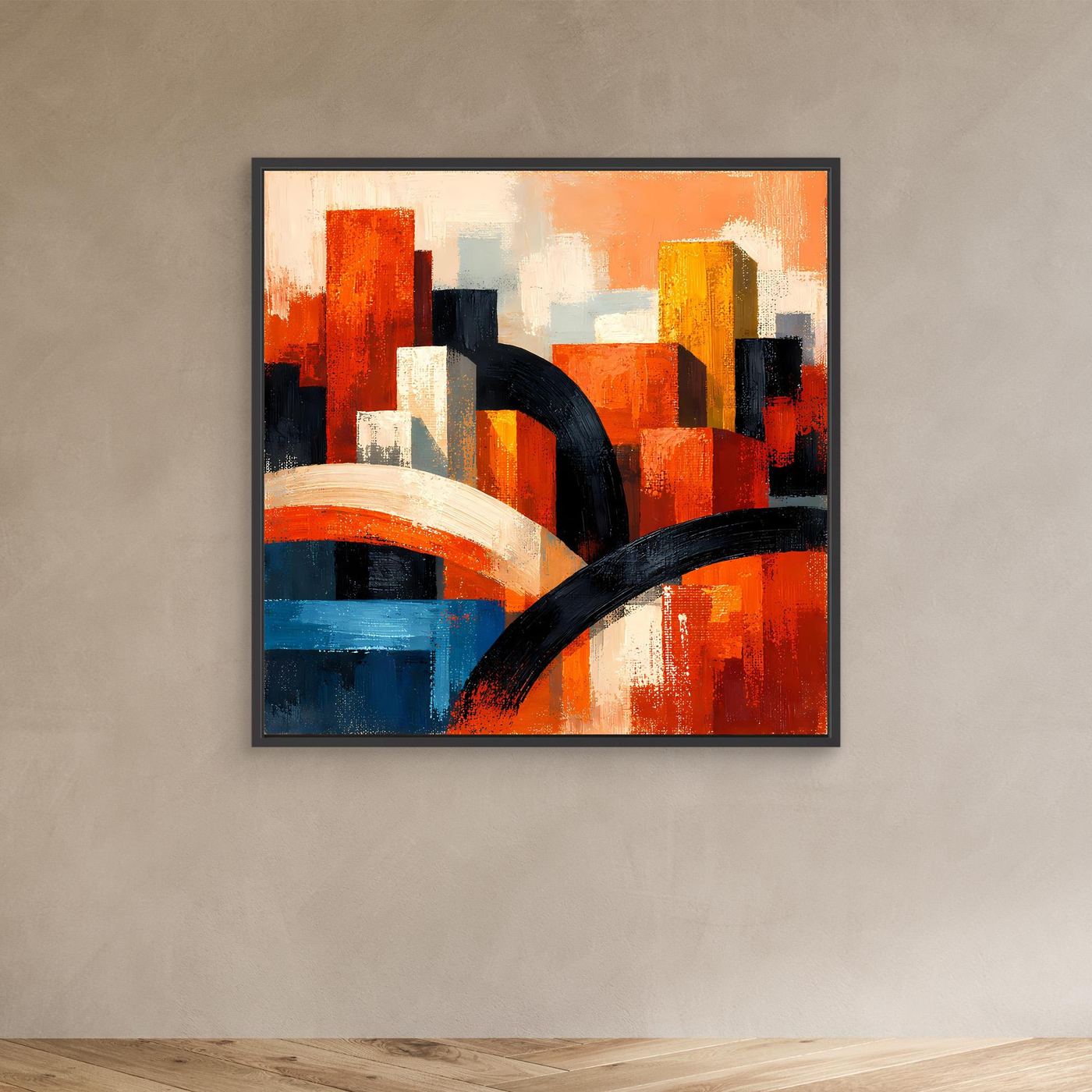 Leinwandbild im dunklen Rahmen: abstrakte Stadtarchitektur mit orange, blau, weiß und Schwarz