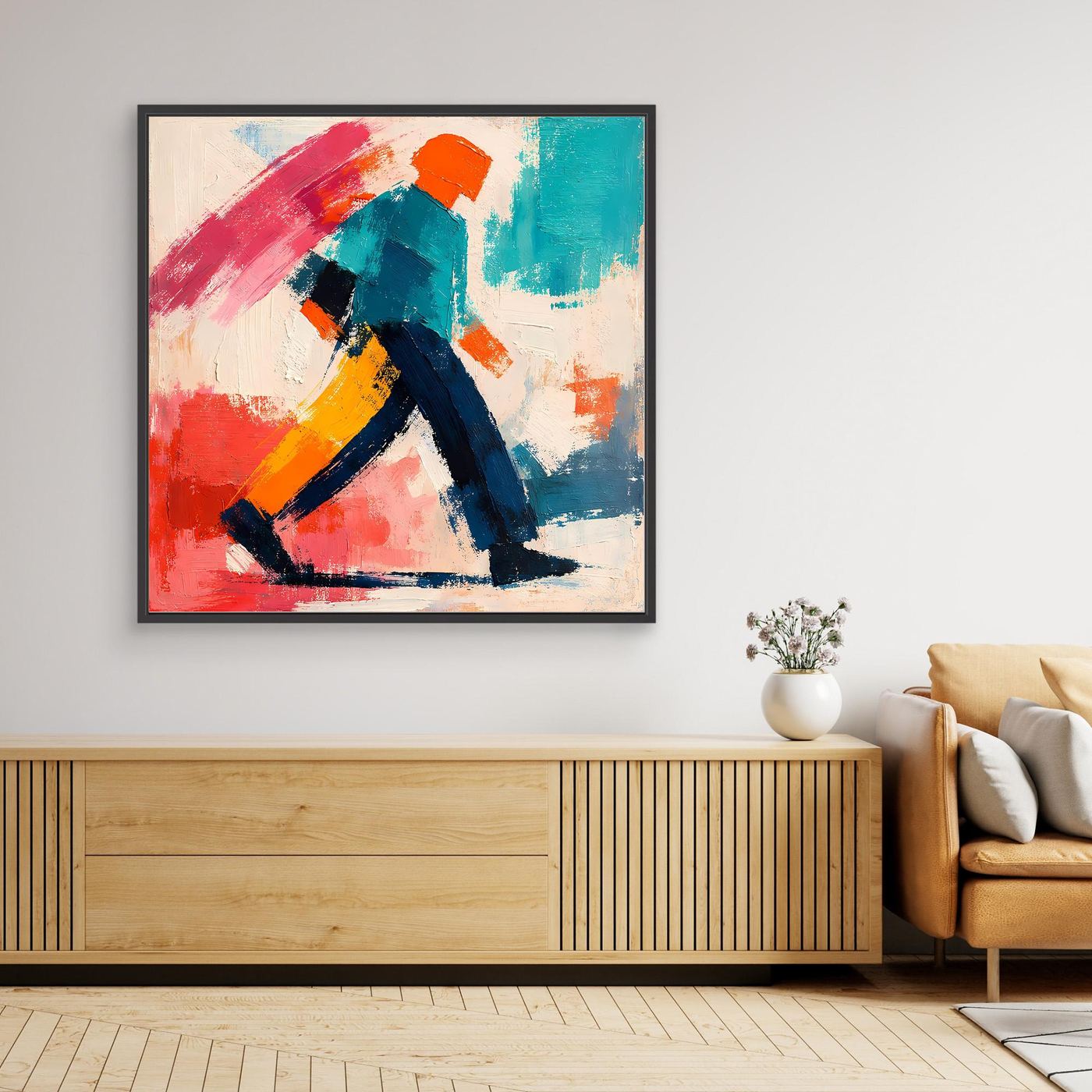 Abstract pop art wall painting with red, teal, and navy brushstrokes; black frame.
